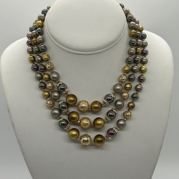 Vintage Multi-Strand Necklace Iridescent Gold Tone Pearlescent Beads Pro Formal - Picture 2 of 13